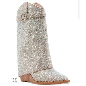 Madden Girl Joe Rhinestone Cuffed Wedge Western Dress Boot Gray Women's 10M NWOB